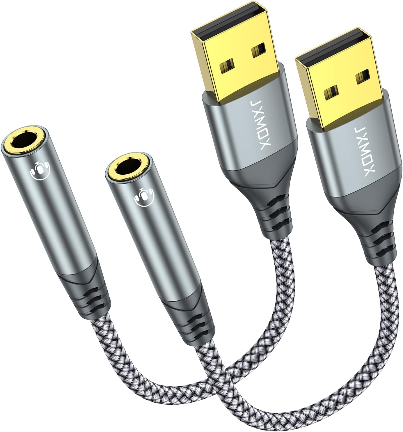 JXMOX USB to 3.5mm Audio Adapter (2-Pack) – USB-A to 3.5mm TRRS 4-Pole Female External Stereo Sound Card for Headphones, Mac, PS4, PS5, PC, Laptops, Desktops
