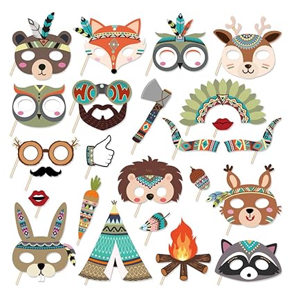 Kristin Paradise 25Pcs Tribal Woodland Photo Booth Props with Stick, Forest Animals Theme Selfie Props, Wild Birthday Party Supplies, Photography Backdrop Decorations