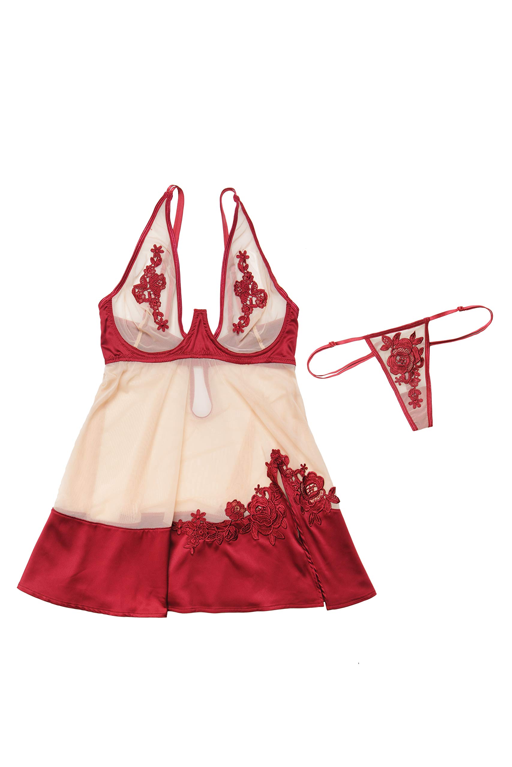 CoquetteSheer Nylon & Stretch Satin Babydoll W/Underwire Cups & G-String Merlot/Nude (Large)
