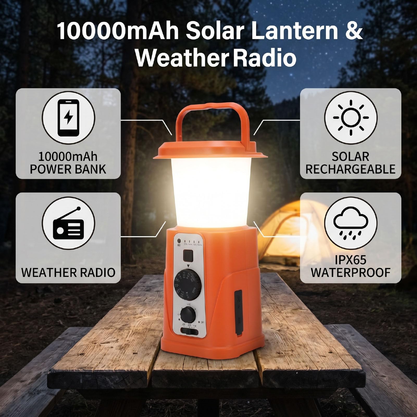 Wakects Solar-Camping-Laterne, ABS-PP-Campingleuchte mit 10000 MAh Power Bank, Handkurbel, USB C, Wiederaufladbar, 7 Lichtmodi, 40 Stunden für Notfall-Camping, Wandern
