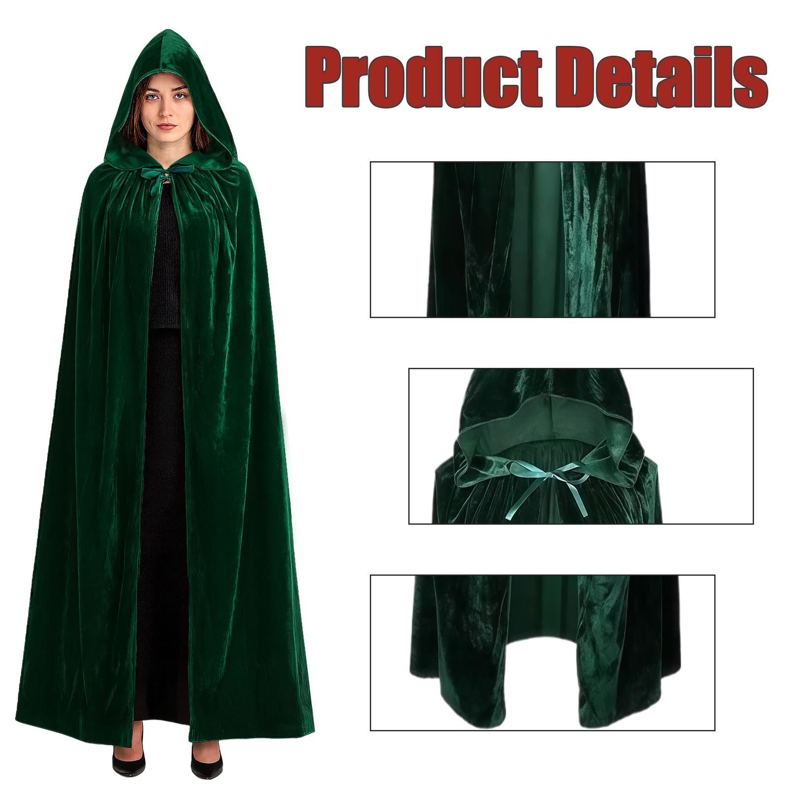 AYNKH Velvet Cloak 59'' Full Length Hooded Cloak with Storage Bag Medieval Vampire Cape Halloween Costume Accessory Unisex (Green) - Image 3