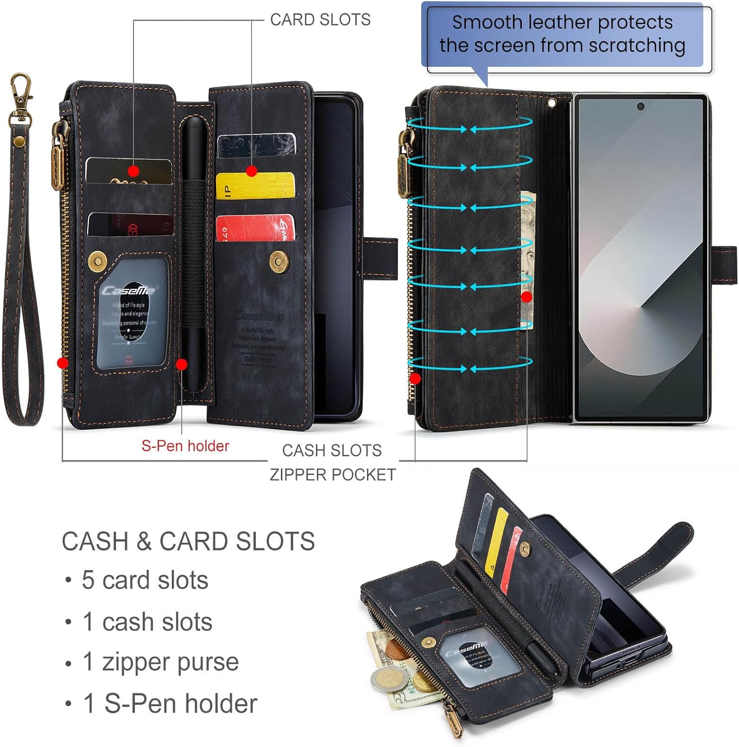 Samsung Galaxy Z Fold 6 Wallet Case with [S Pen Holder],Card Holder Kickstand Magnetic Zipper Pocket Lanyard Strap Wristlet,Leather Flip Case Wallet for Galaxy Z Fold 6 (Black)