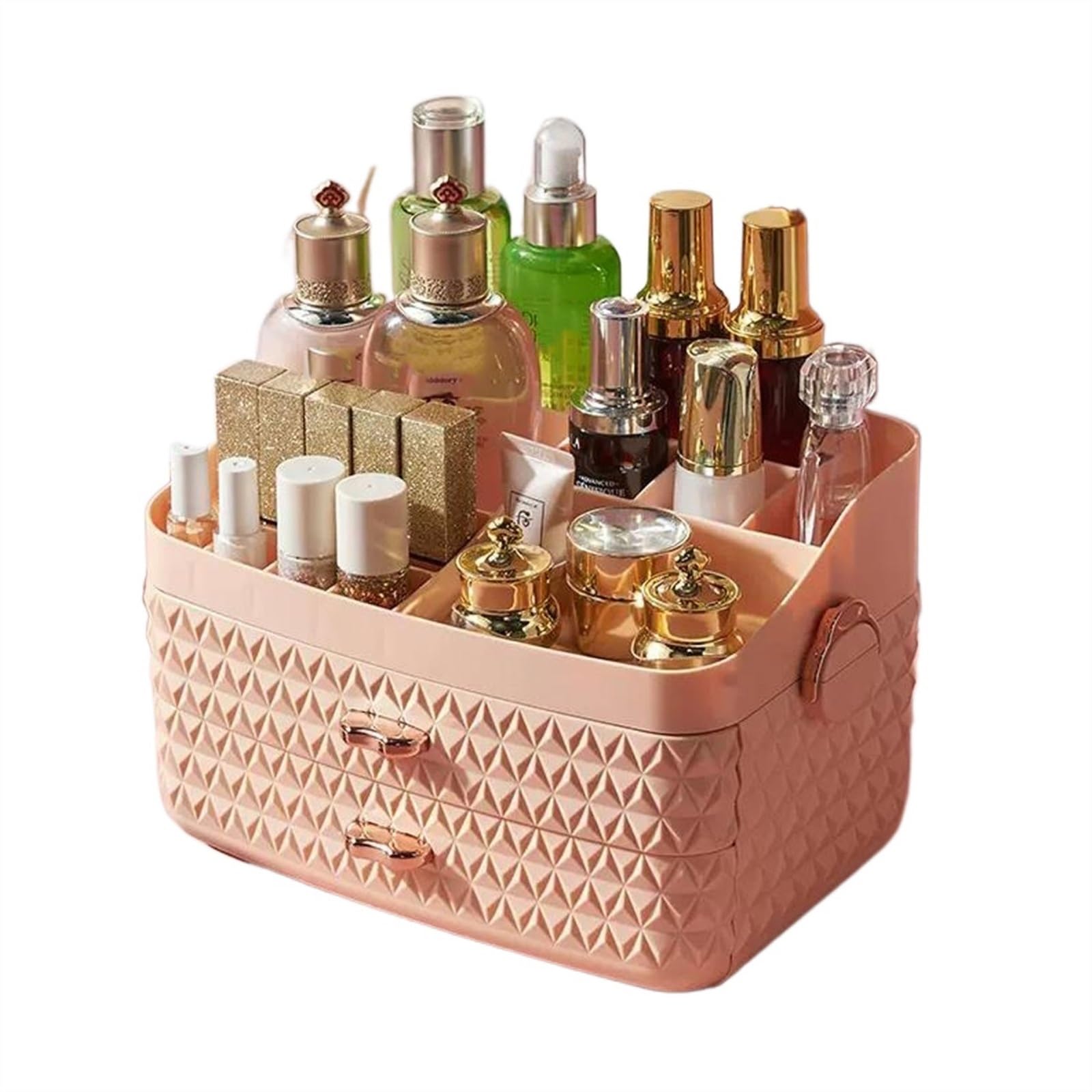 Skincare Organiser Makeup Organizer with 2 Drawers for Vanity, Multifunctional Cosmetics Organizers and Storage for Skincare, Brushes, Eyeshadow, Lotions, Lipstick, Nail Polish and Jewelry(Pink)
