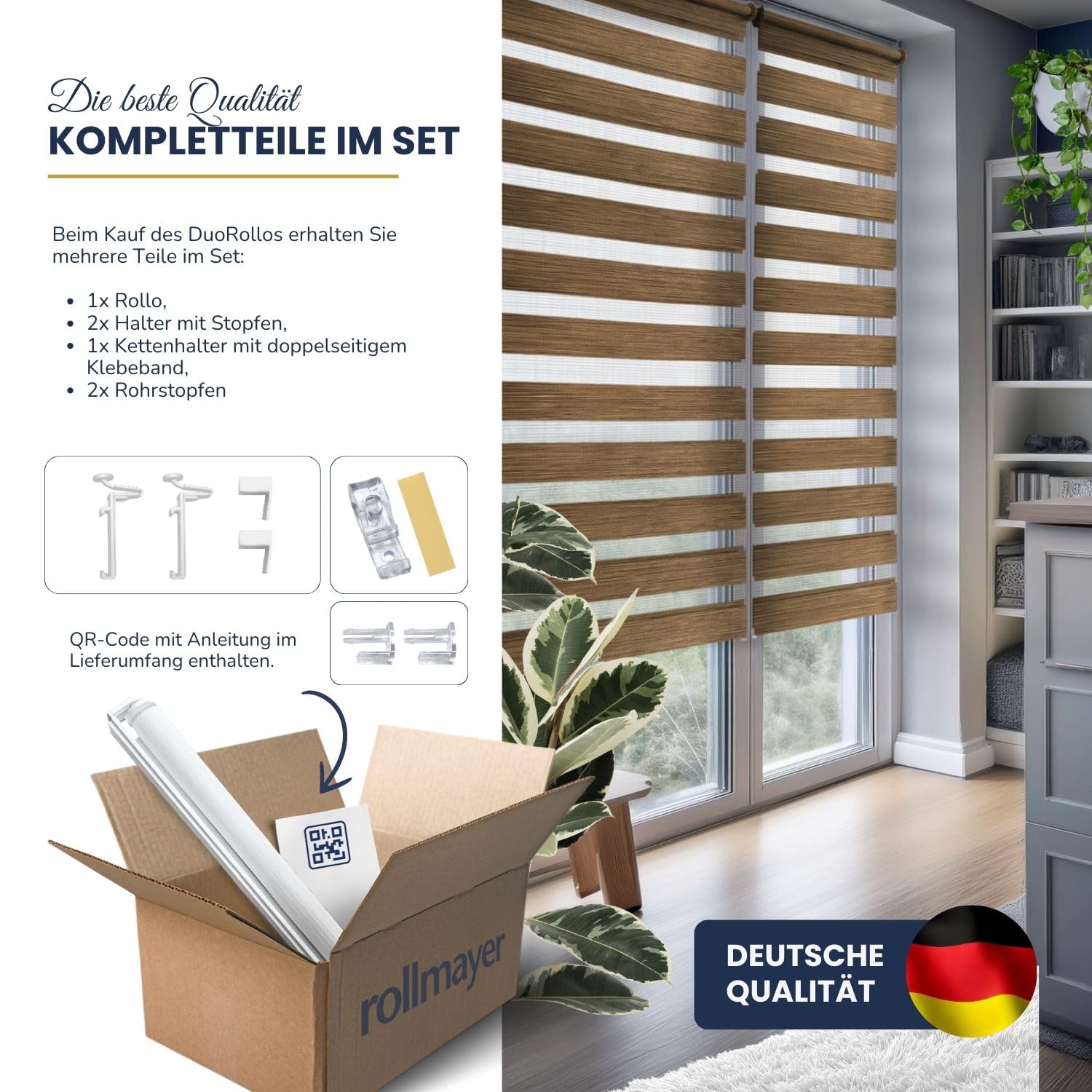 Rollmayer Doppelrollo Klemmfix ohne Bohren Klemmrollo Fensterrollo (Holzlook Gold 120 x 130 cm BxH) Duo Rollo Sonnenschutzrollo Zebrarollo Seitenzugrollo für Fenster und Tür