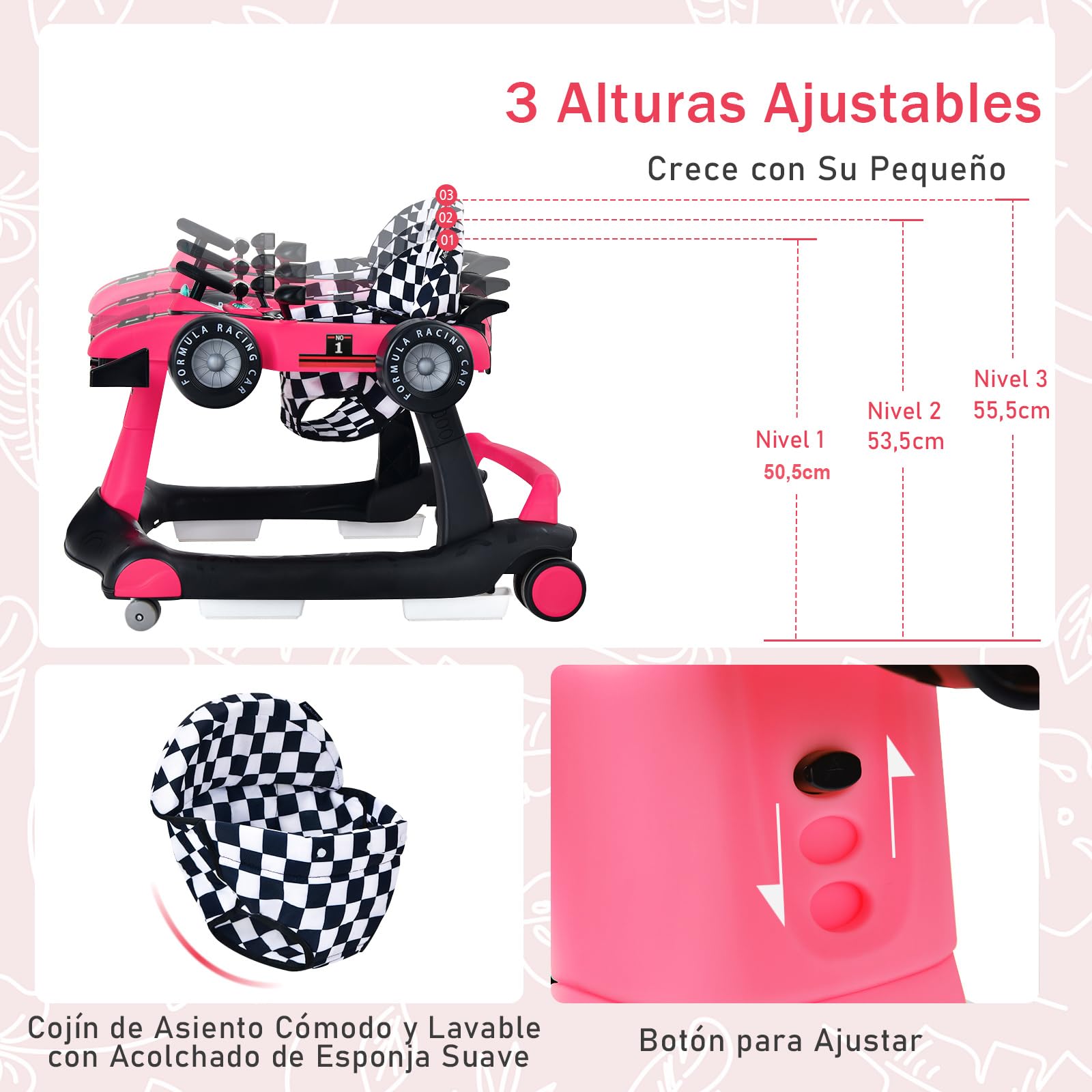 COSTWAY 4 en 1 Andador Bebes, Tacata Bebe Plegable con Altura y Velocidad Regulables, Carillón con Luces, Volante y Asiento con Cojín, Diseño Antivuelco, Caminador para Bebe de 6-18 Meses - 3