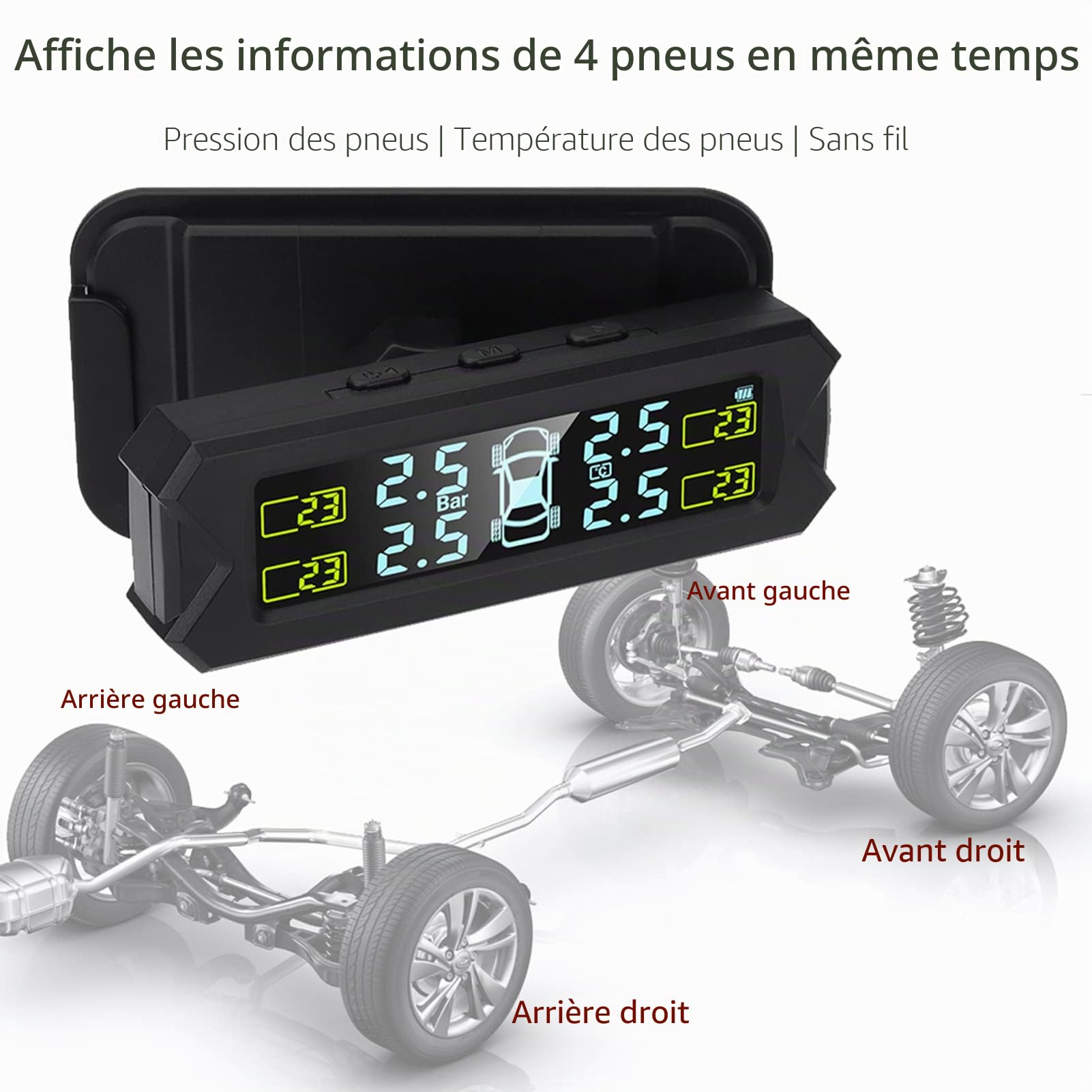 Shkalacar USB/Solar TPMS 0-81 PSI Système de Surveillance de la Pression des pneus avec 4 capteurs, 5 Modes d'alarme, écran LCD avec rétroéclairage Automatique pour Voiture berline SUV MPV