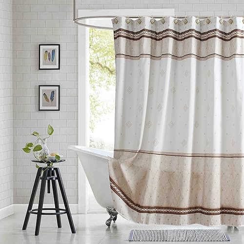 Cortina de ducha de tela, cortinas de ducha de tela a rayas color beige marrón tostado para baño, cortinas decorativas modernas, 72 pulgadas de