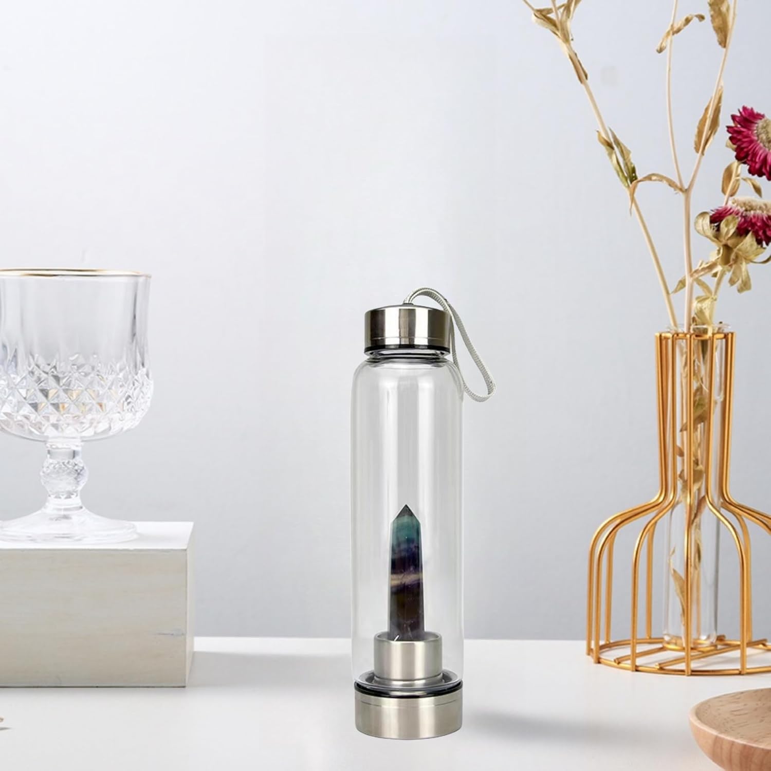 Colorful Crystal Glass Water Bottle, Gemstone Center Infused Dark Colored Quartz Sports Cup Obelisk Wand Energy Cup for Natural Healing Wellness
