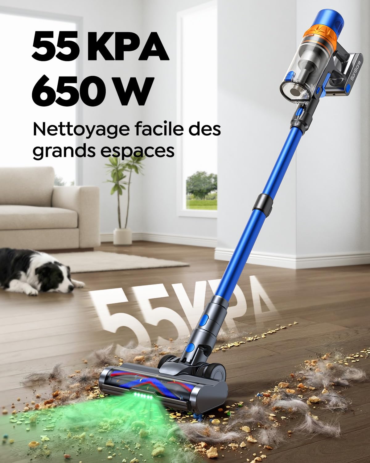SunSare Aspirateur Balai sans Fil, 650W/55KPA/70Mins Aspirateur sans Fil Puissant avec Pliable Adaptateur, Tuyau 1M, Parfumé, Chargement Mural, Aspirateur Balai pour Poils d’Animaux/Sols/Tapis