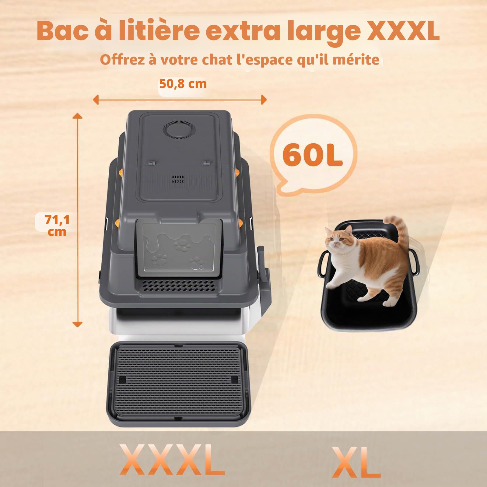 Homegroove Bac à litière pour chat XXXL - En acier inoxydable - Avec couvercle - 70 x 50 x 45 cm - Extra large - Avec pelle et pédale - En métal fermé - Anti-fuite - Gris