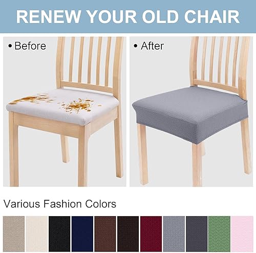Miniatura 6 de Smiry Juego de 6 fundas de asiento elásticas de jacquard para sillas de comedor, extraíbles y lavables, sin fundas traseras, color gris