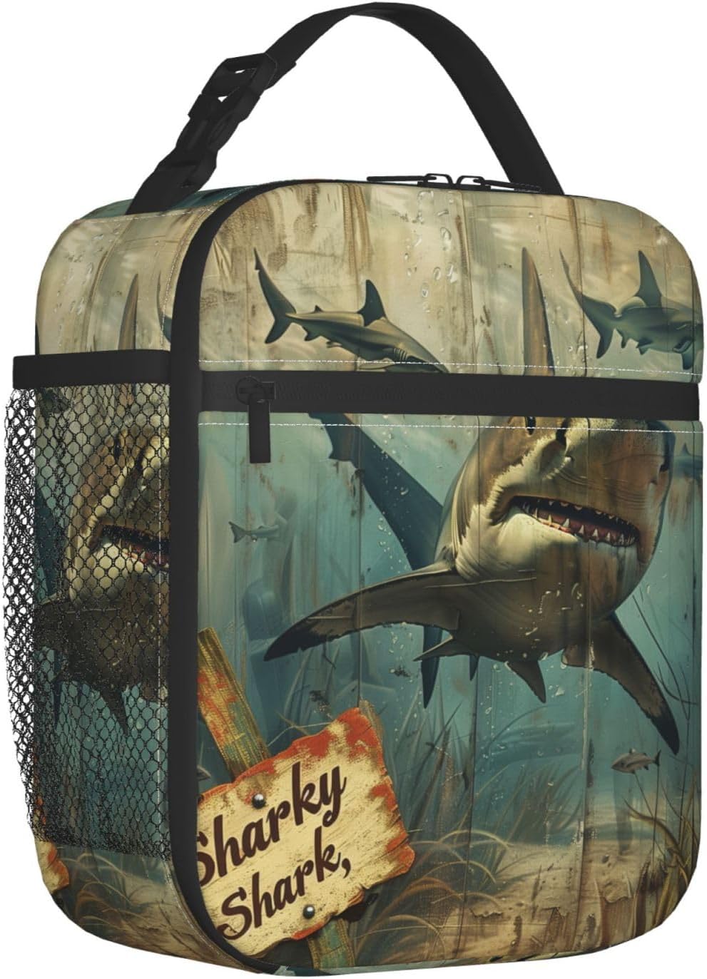 Vintage Shark Insulated Lunch Box for Women Men Retro Ocean Design Lunch Bag for Work,Picnic,Travel,Hiking,Beach or Fishing Polyester Nature Lovers Lunch Box - Image 2