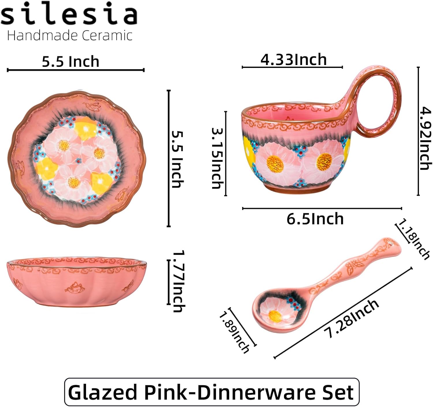 silesia Handmade Loop Handle Soup Bowl, Plate and Spoon Set - Ceramic Hand Painted Cereal Bowl Great for Soup, Ice cream, Snack, Stew in Gift Box, Dishwasher Safe, Glazed Pink