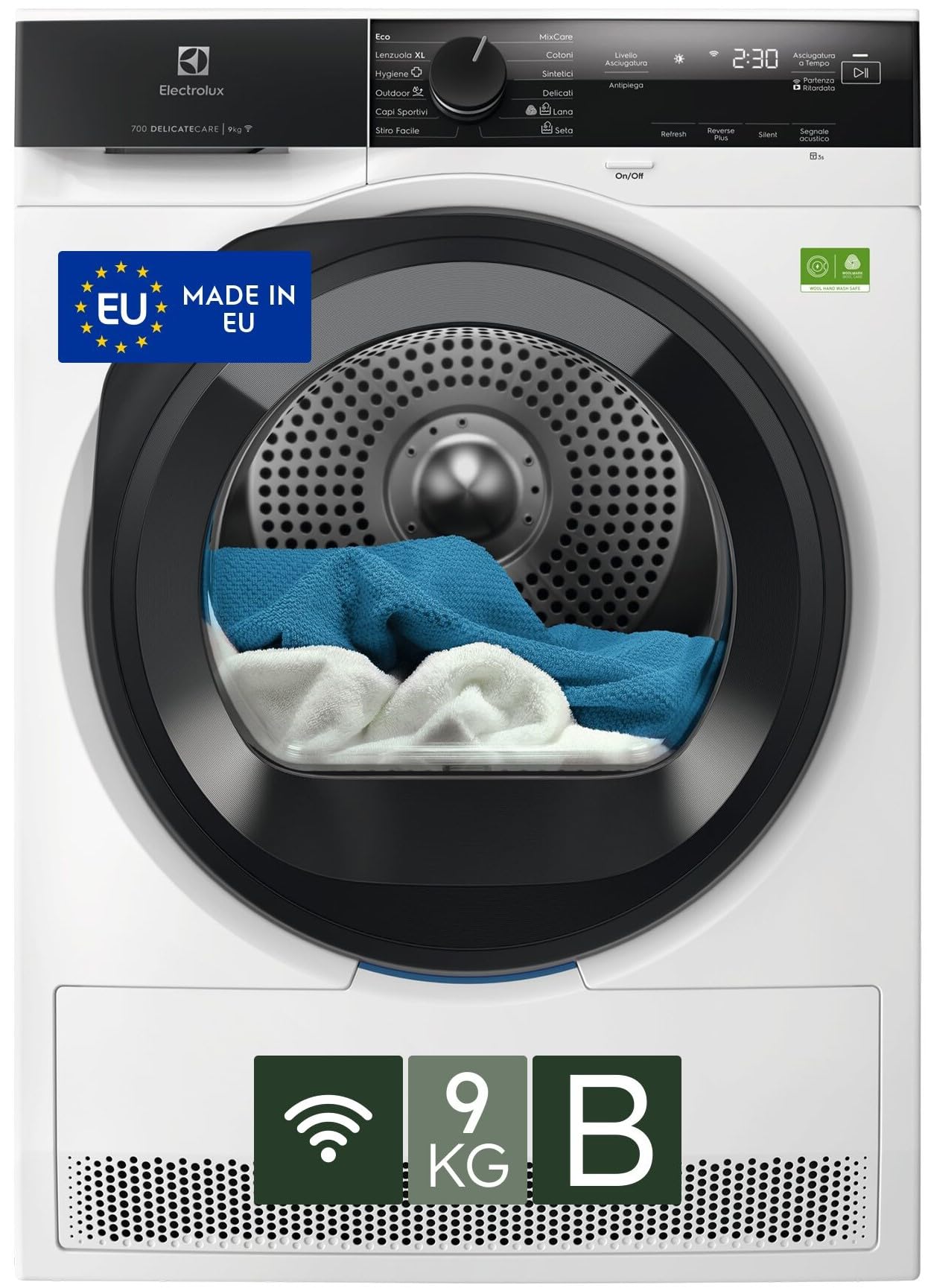 Electrolux Serie 700 DelicateCare, Asciugatrice a Pompa di Calore, 9 kg, EW7H49YB, Classe B, 12 Programmi, Tecnologia MixCare e SensiCare, Connettività Smart App, 61 dB, 850x596x636 mm