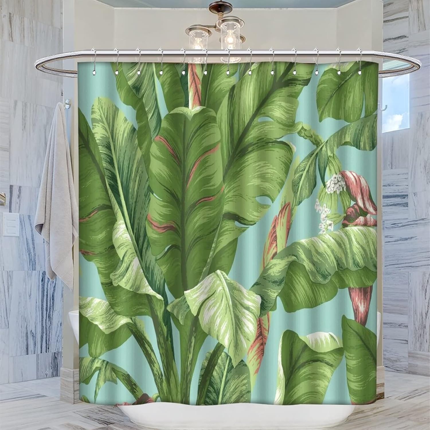 Goodbath Banana Leaf Shower Curtain, Tropical Palm Leaves Waterproof Fabric Shower Curtains Set with Hooks, Green White 72x78inch(183x200cm)