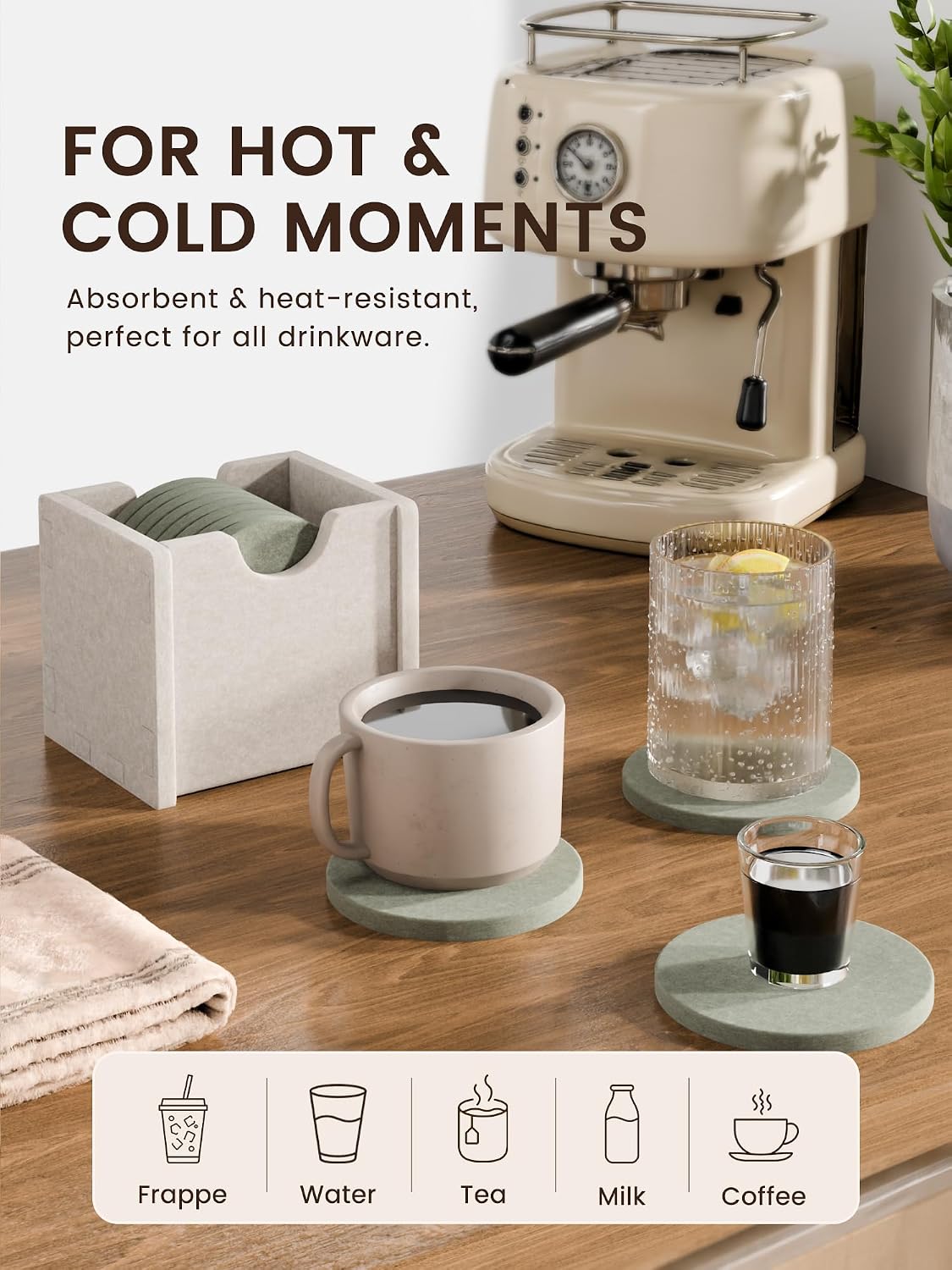 Fluxynara Felt Coasters with Holder, Set of 8 for Drinks, Sage image 5