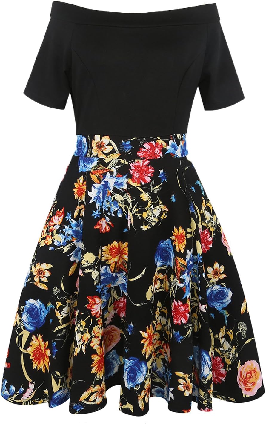 oxiuly Women's Vintage Off Shoulder Pockets Casual Floral A-Line Party Cocktail Swing Dress OX232 - Image 2