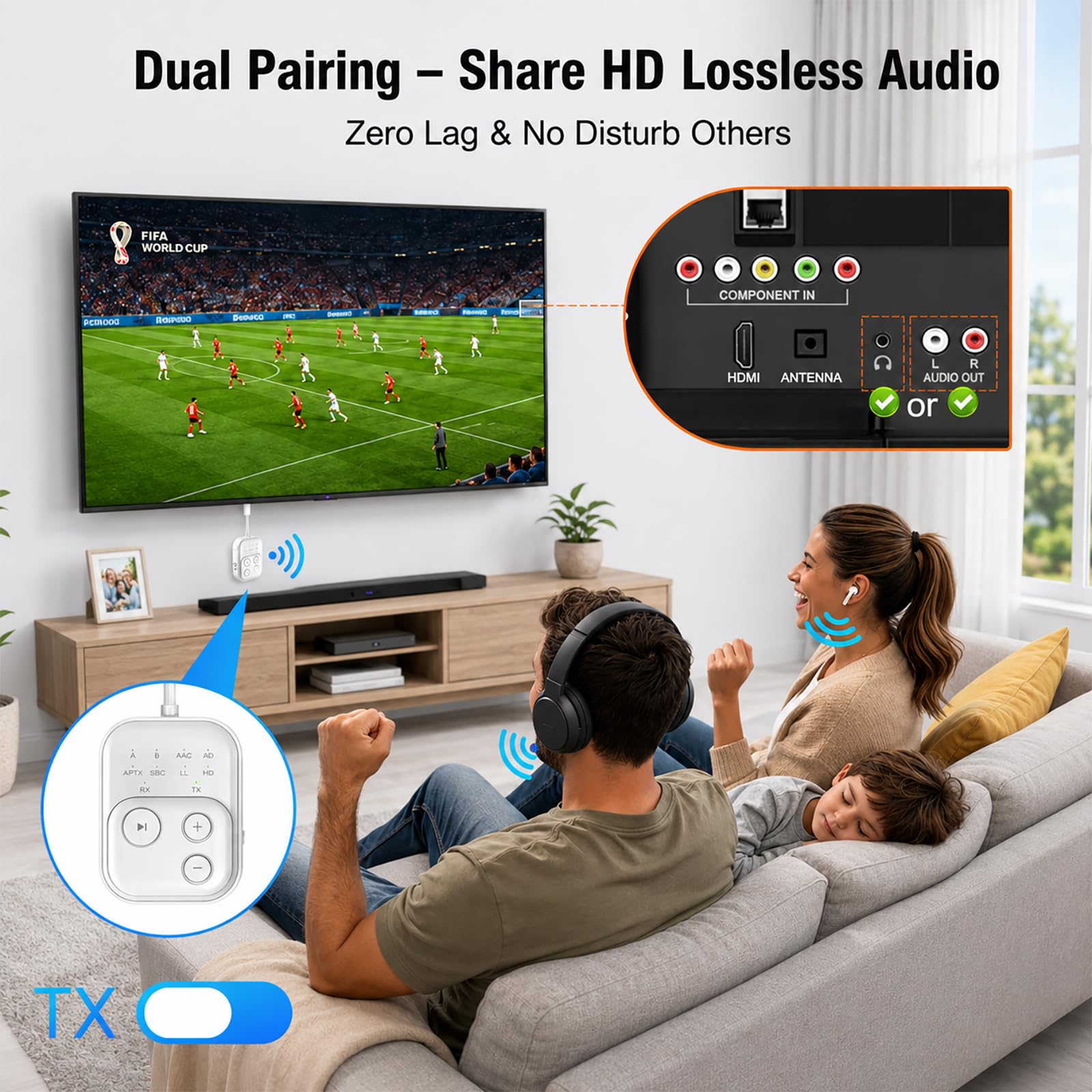 2026 Upgarded Bluetooth 5.4 Receptor transmisor, adaptador Bluetooth 2 en 1 para coche, viajes, avión, soporta 2 AirPods/auriculares, adaptador inalámbrico con aptX baja latencia, larga