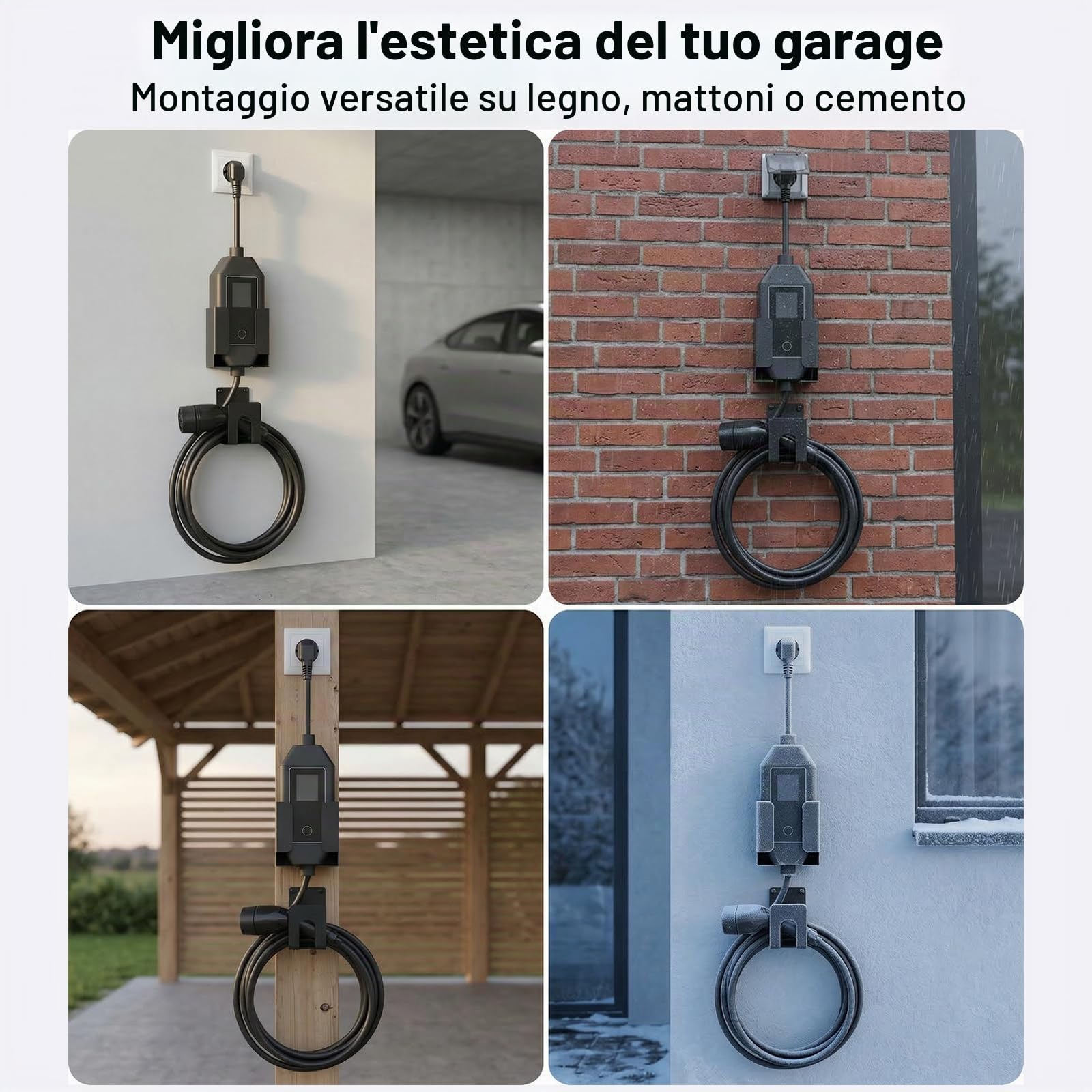 Kit Supporto Caricatore Auto Elettriche da Muro - Organizzatore con Porta Scatola di Controllo e Gancio a J per Wallbox Portatile, Staffa Metallica Robusta per Gestione Cavi EV