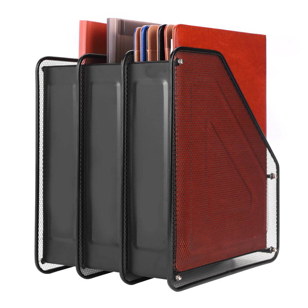 ITODA 3/4 Compartiments rangement Fichier porte-Document Porte-Revues Module de Classement Organisateur Métal Support Bureau Magazine Stockage Dossier Fourniture de Bureau-Noir