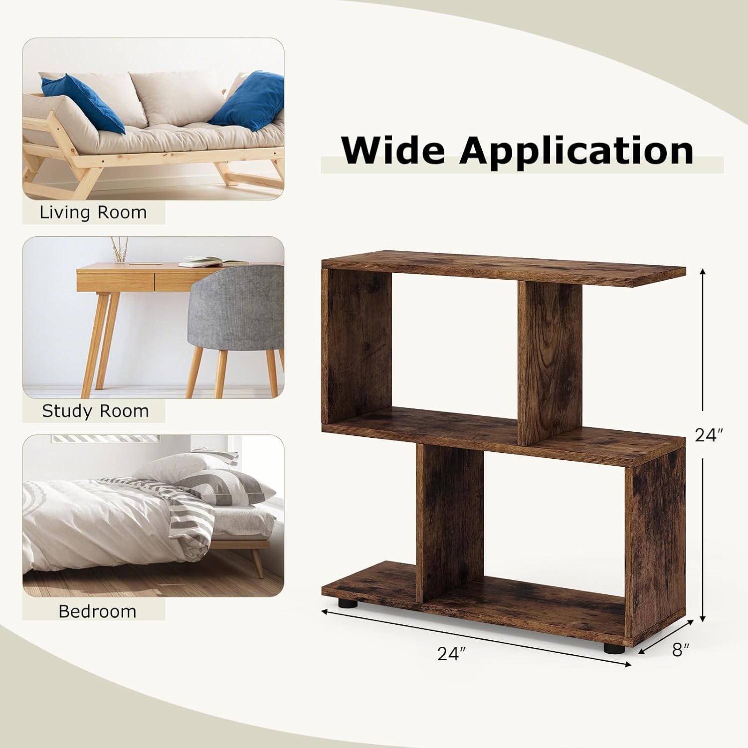 LOKO 3-Tier Geometric Bookshelf, S-Shaped Open Bookcase, Freestanding Decorative Storage Shelving, Home Storage Organizer for Living Room, Bedroom, Home Office (1, Rustic Brown)