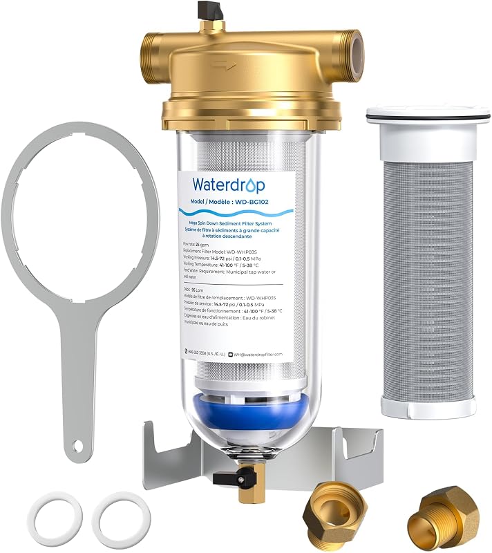 Waterdrop Mega Spin Down Sediment Filter, Upgraded Reusable Backwash Whole House Water Filter System for City/Well Water, 50 Micron+100 Micron, 1" MNPT + 3/4“FNPT, BPA Free | Upgraded Reusable Backwash Whole House Water Filter System for City/Well Water, 1" MNPT + 3/4" FNPT, BPA Free