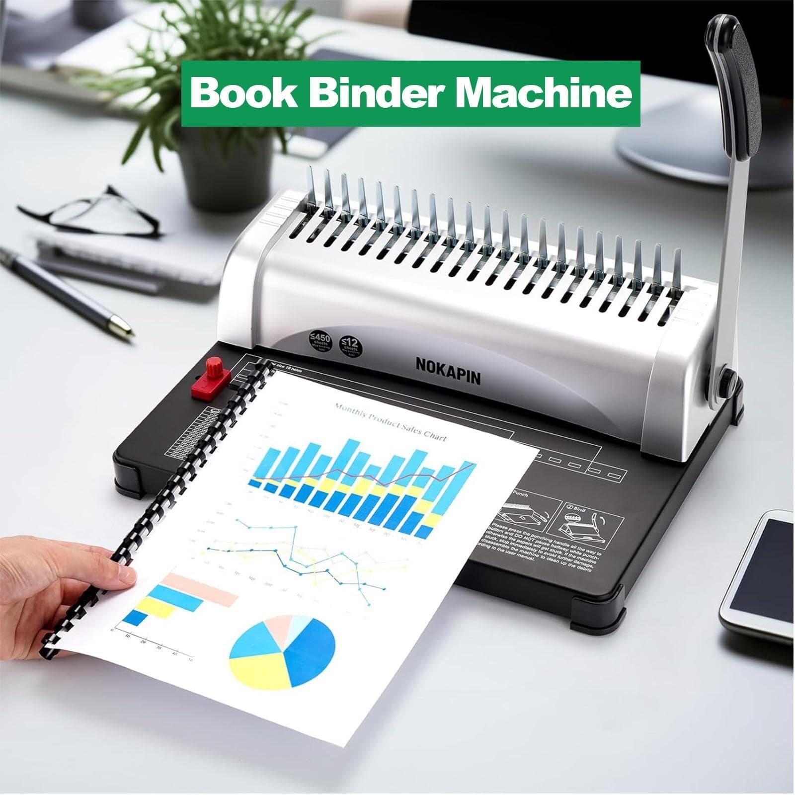 Rilegatrice a pettine a 21 fori, perfora 12 fogli e rilega fino a 450 pagine, for documenti A4, report e calendari, rilegatura manuale for uso domestico, ufficio e scuola