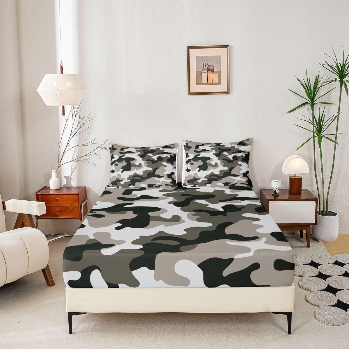 Erosebridal Camouflage Bed Sheets Grey Camo Sheet Set King Size Militarily Army Fitted Sheet for Boys Teens Men Adult Tie Dye Retro Geometric Warm Soft Bedding Set 4Pcs Flat Sheet, All Season