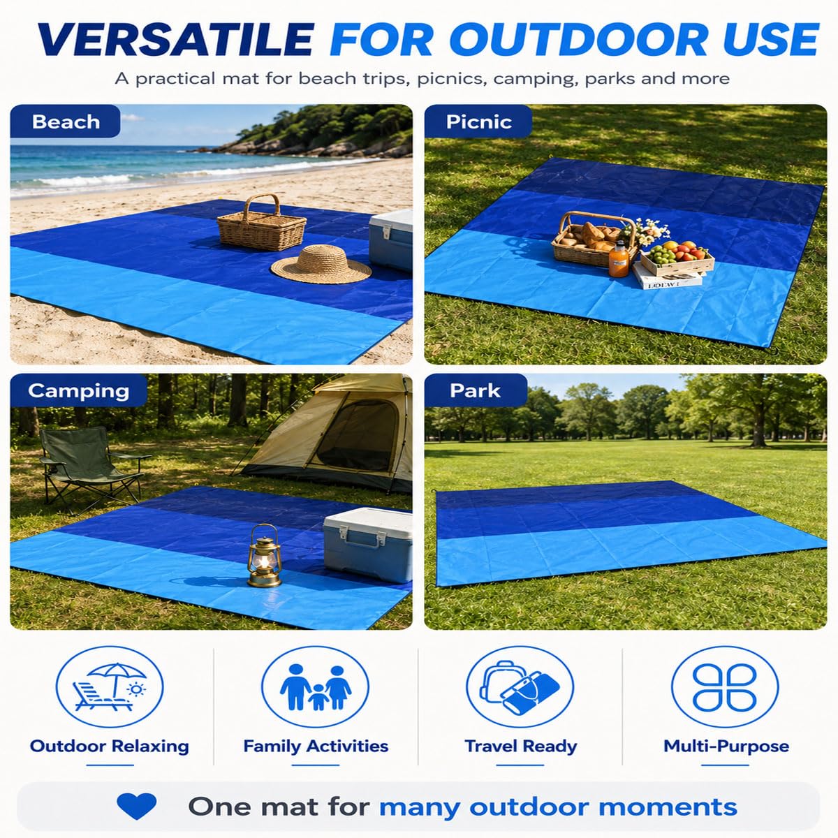 Grande Couverture De Plage Imperméable 200 X 210 Cm, Tapis De Pique-nique | Grand Tapis De Pique-nique Imperméable Et Résistant Au Sable Avec 4 Piquets De Sol, Sac De Transport Compact Et Surface Facil