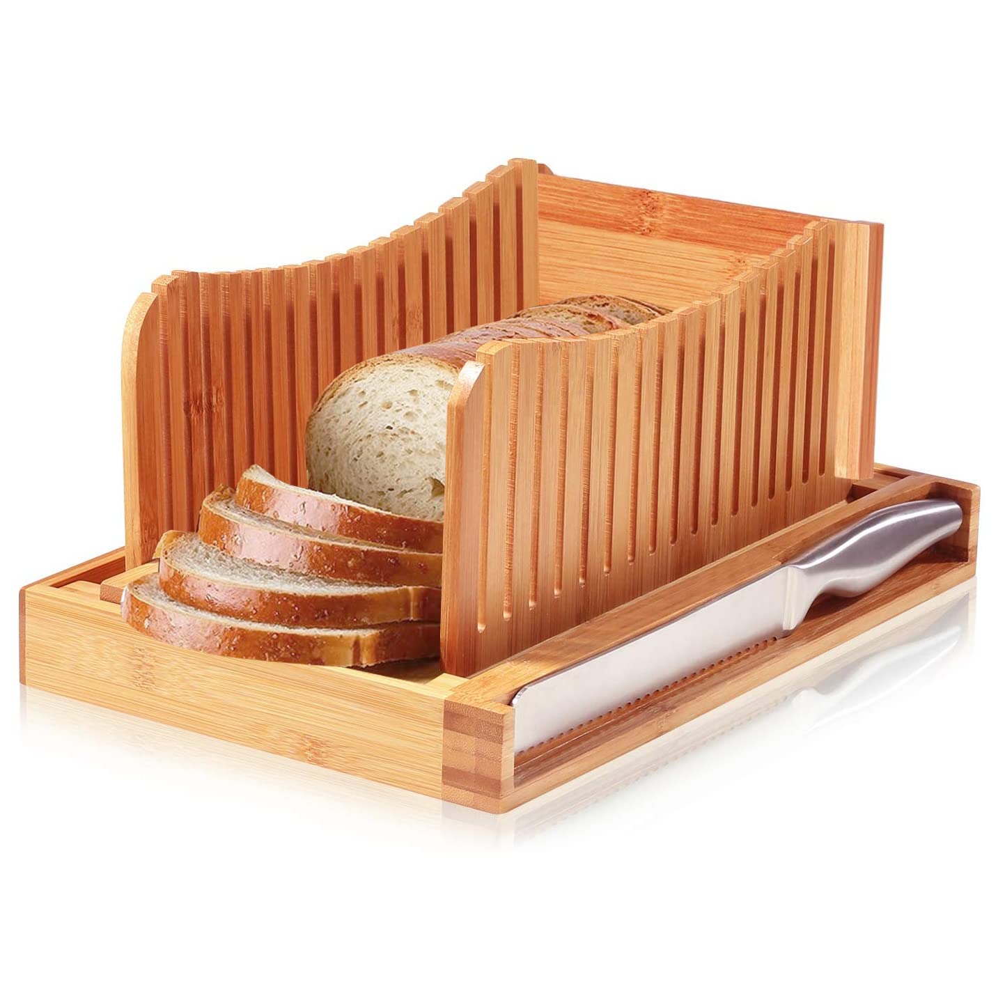 Bread Slicer Cutting Guide with Knife - 3 Thickness Size, Bamboo Foldable Compact Chopping Cutting Board with Crumb Tray, Stainless Steel Bread Knife - Great for Homemade Bread, Cakes, Bagels