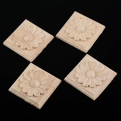 Miniatura 5 de MUXSAM Apliques tallados de madera, paquete de 4 calcomanías cuadradas de madera maciza sin pintar, para gabinetes, aparadores, espejos, paredes,