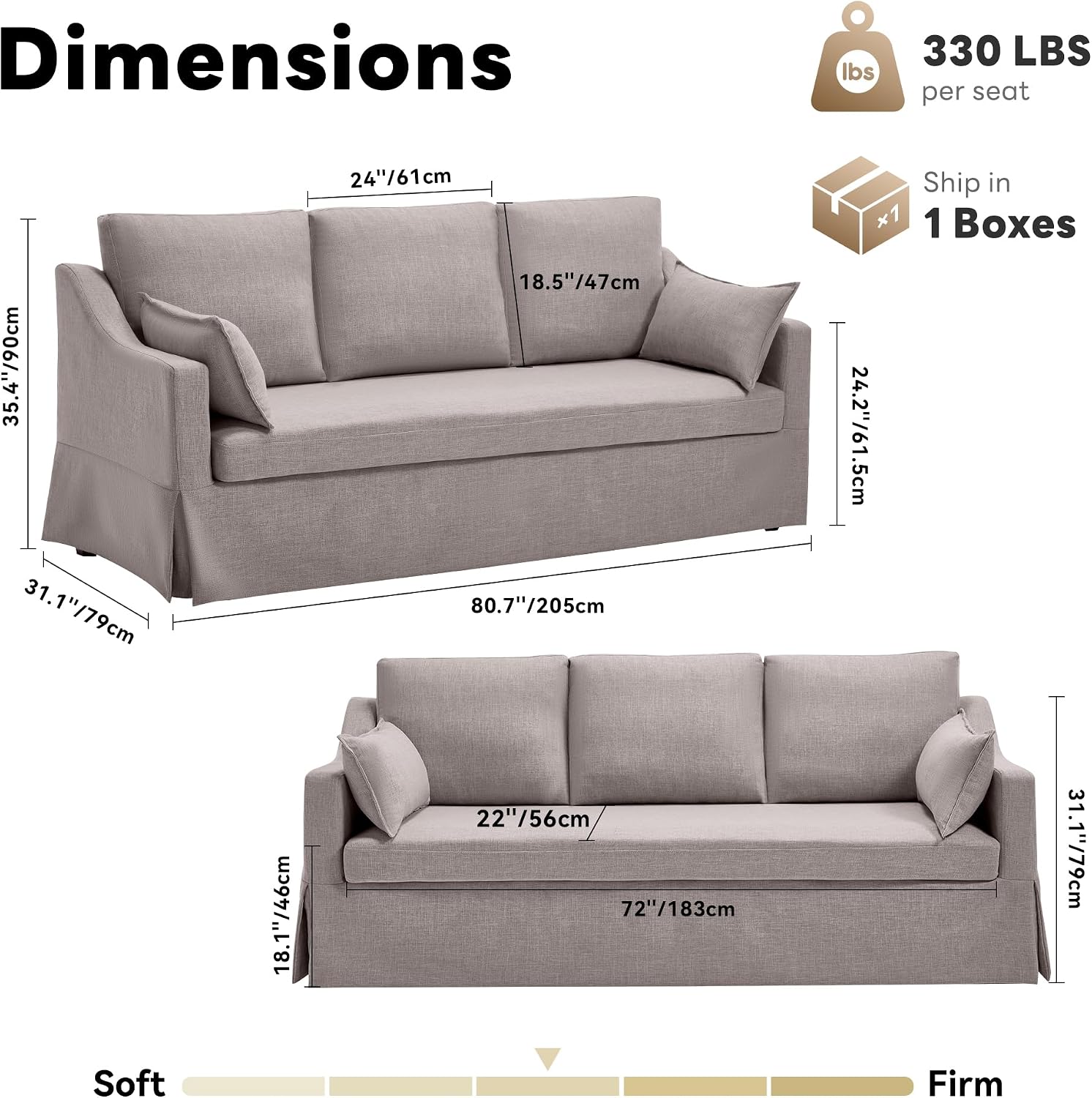 Tbfit 80.7" Gray Slipcovered 3-Seater Sofa Removable Cover Pocket Spring Cushion Living Room Furniture