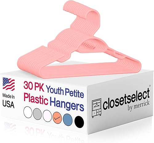 Paquete de 30 perchas de plástico para niños, tallas 8 a 12, pequeñas, preadolescentes, junior, paquete de 30 unidades (melocotón)