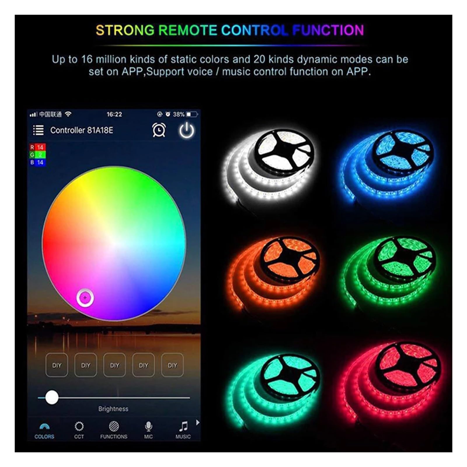 Controlador LED RGB WiFi inteligente con control remoto de aplicación de teléfono inteligente por voz IR RF de 44 teclas y 24 teclas, adecuado for tiras de luz LED DC5V-24V 5050 RGB (Color : WiFi RGB
