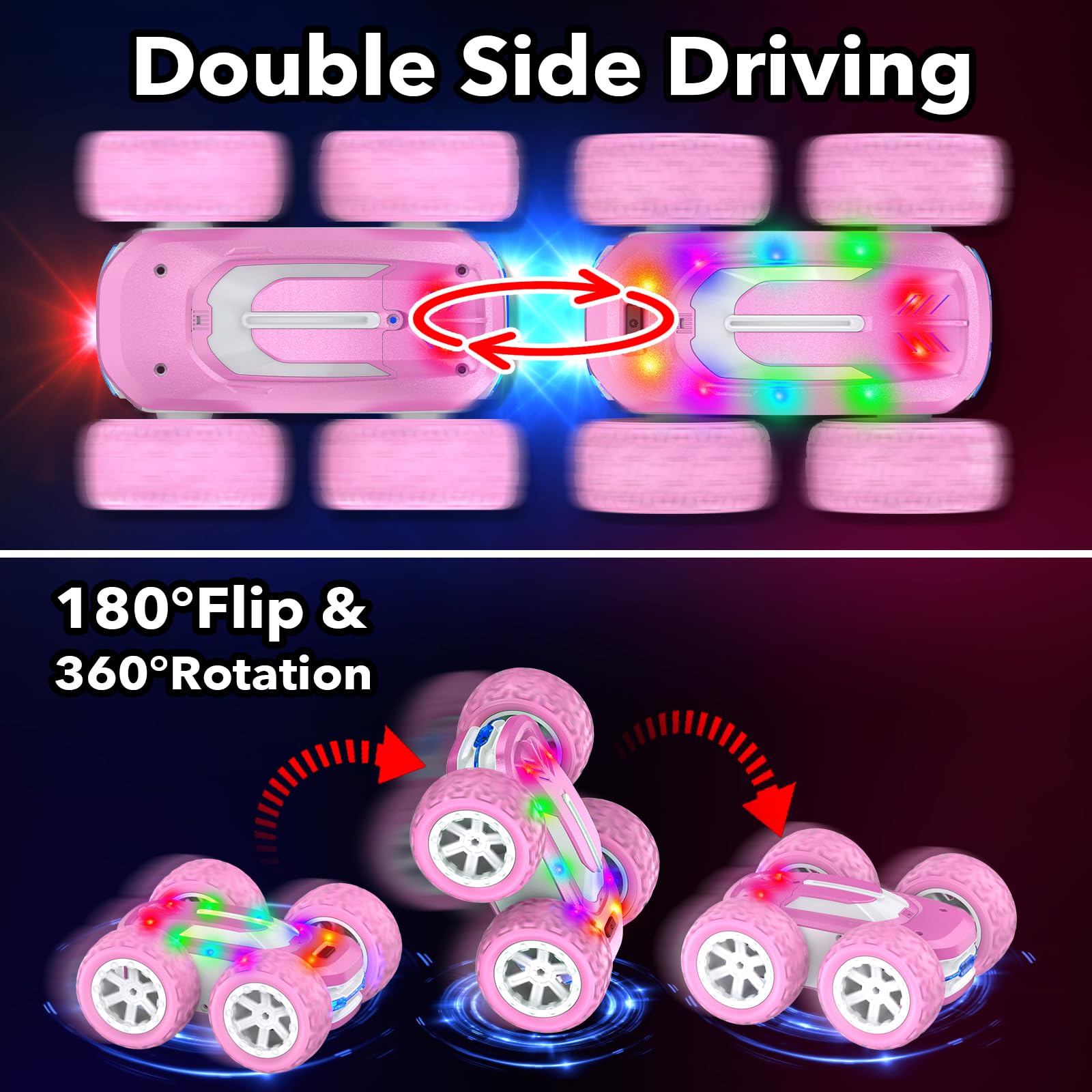 Voiture Télécommandée Fille, Jouet Enfant 6 7 8 9 10 Ans 4x4 Voiture de Course Cascadeuse Tout Terrain 360° Rotation avec Lumière LED RC Drift Camion Monster Truck Cadeaux Filles Jeux Exterieur Jardin