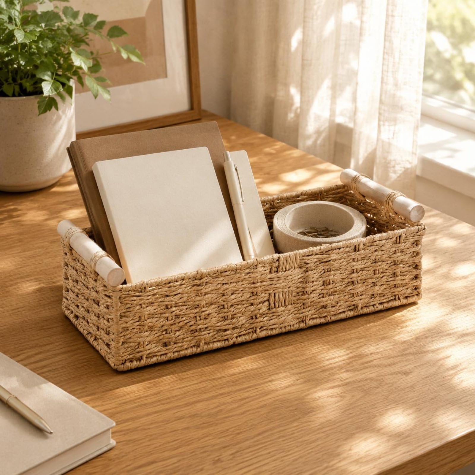 F Fityle Cesta de Almacenamiento de Cuerda de Papel Cesta Caja Organizador Rectangular con Asas de Madera y Toque Rústico Armazón de Alambre para Mayor, Verde