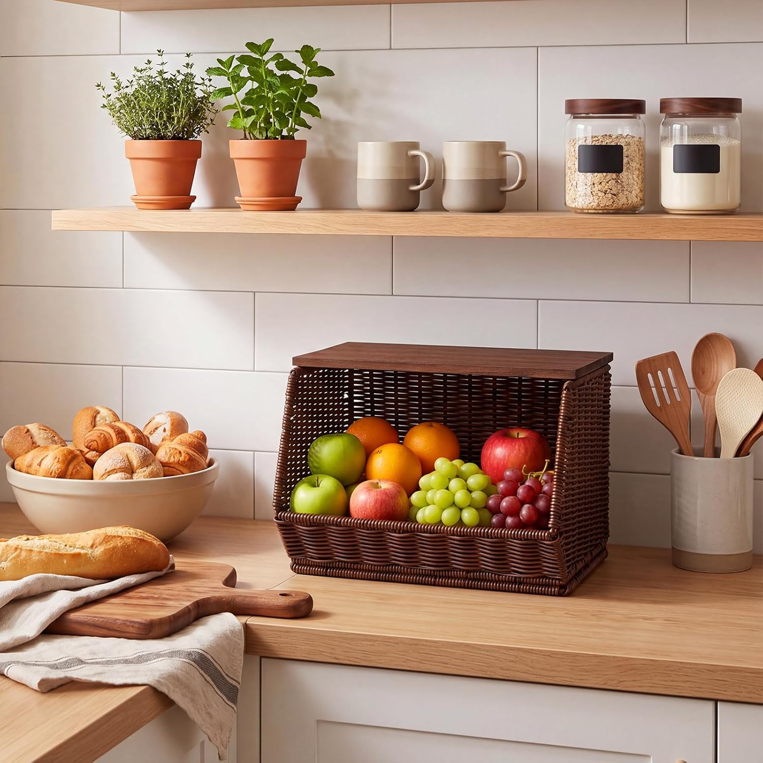 FoldTier Rattan Wicker Fruit Basket with Lid - 12 inch Stackable Wall Mounted Hanging Rattan Storage Basket for Kitchen Counter Handwoven Countertop Produce Organizer for Fruits Vegetables Snacks