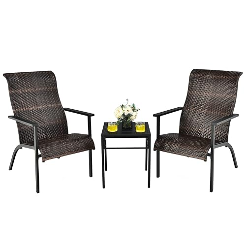 3 Piece Patio Bistro Furniture Set, PE Rattan Chairs with