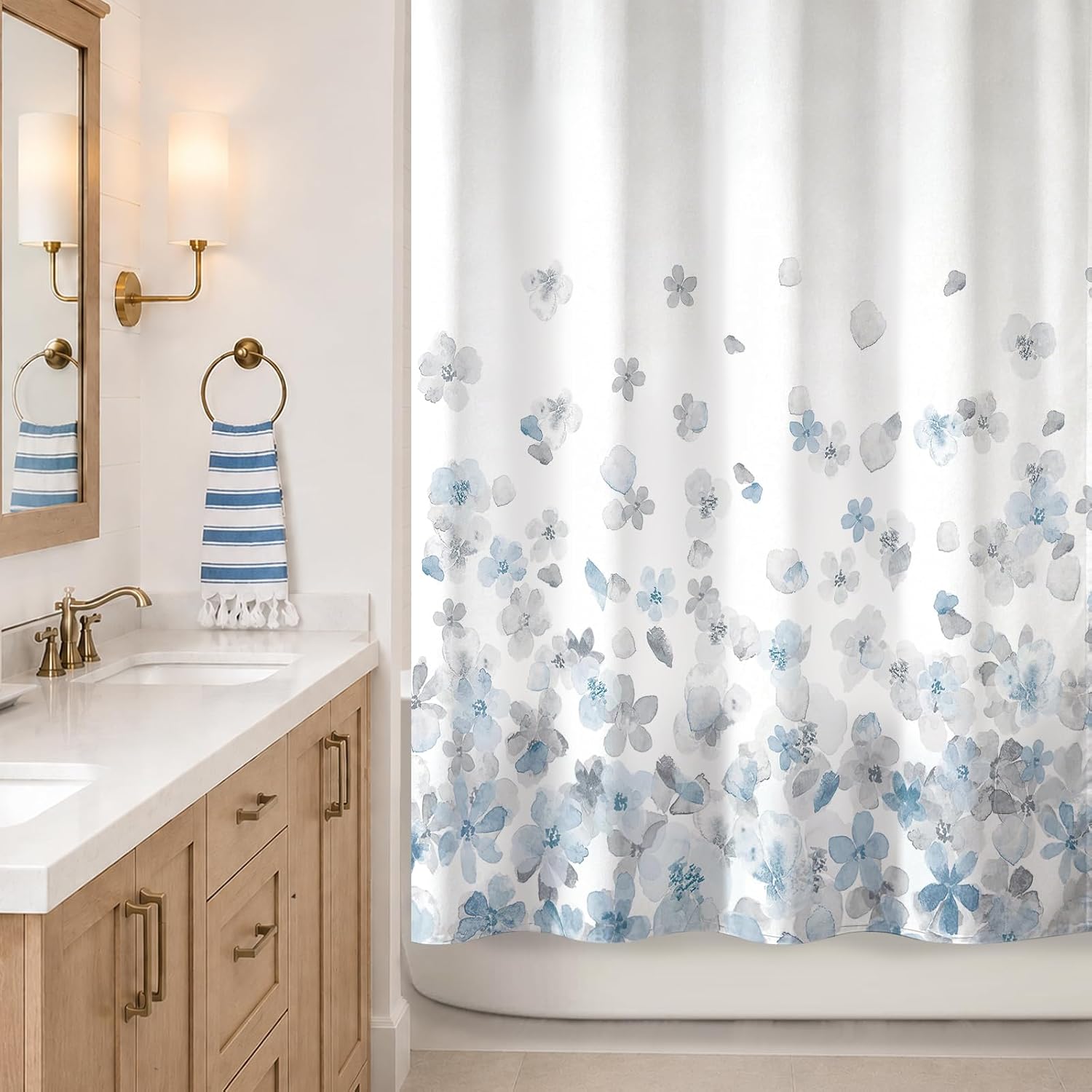 Sunlit Design Simple Style Blue and Gray Flower Blossoms Fabric Shower Curtains for Bathroom Decor with White Background, Machine Washable