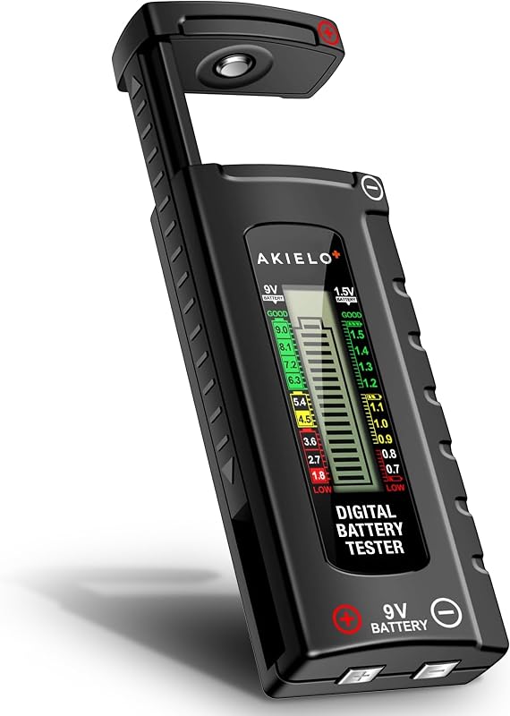 AKIELO+ Digital Battery Tester – Easy Read LCD Display – No Battery Required – Universal Household Battery Checker for Size AA AAA C D 9V 1.5 Cell (Batteries Not Included)