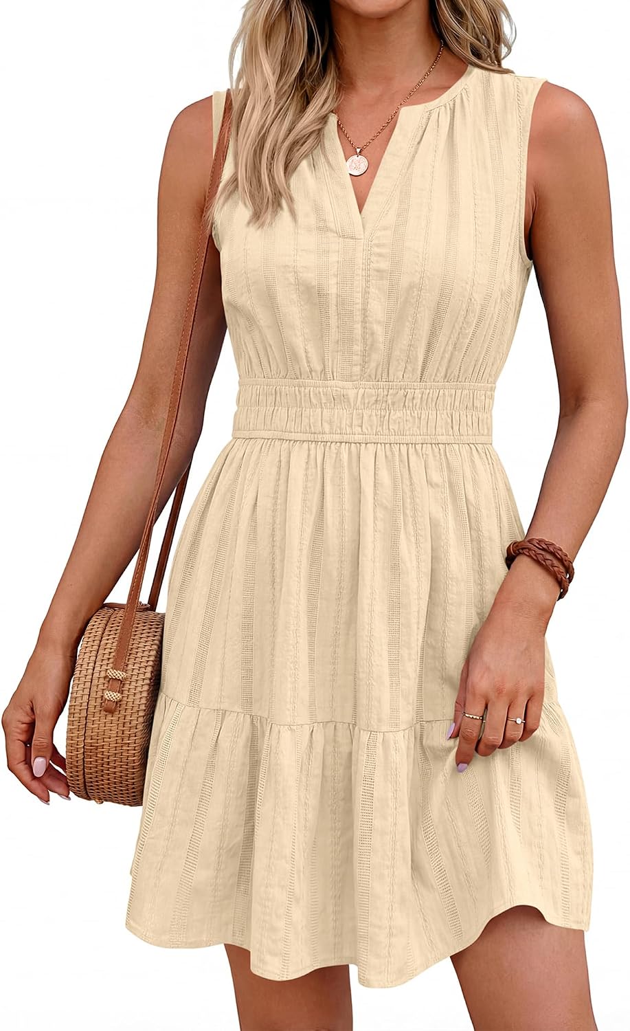  Womens Summer 2026 Casual Mini Sundress | Lightweight Sleeveless V Neck,Elastic Waist Flowy A Line Dress,Wedding Guest Dresses Pockets,Cute Boho Beach Vacation Outfits