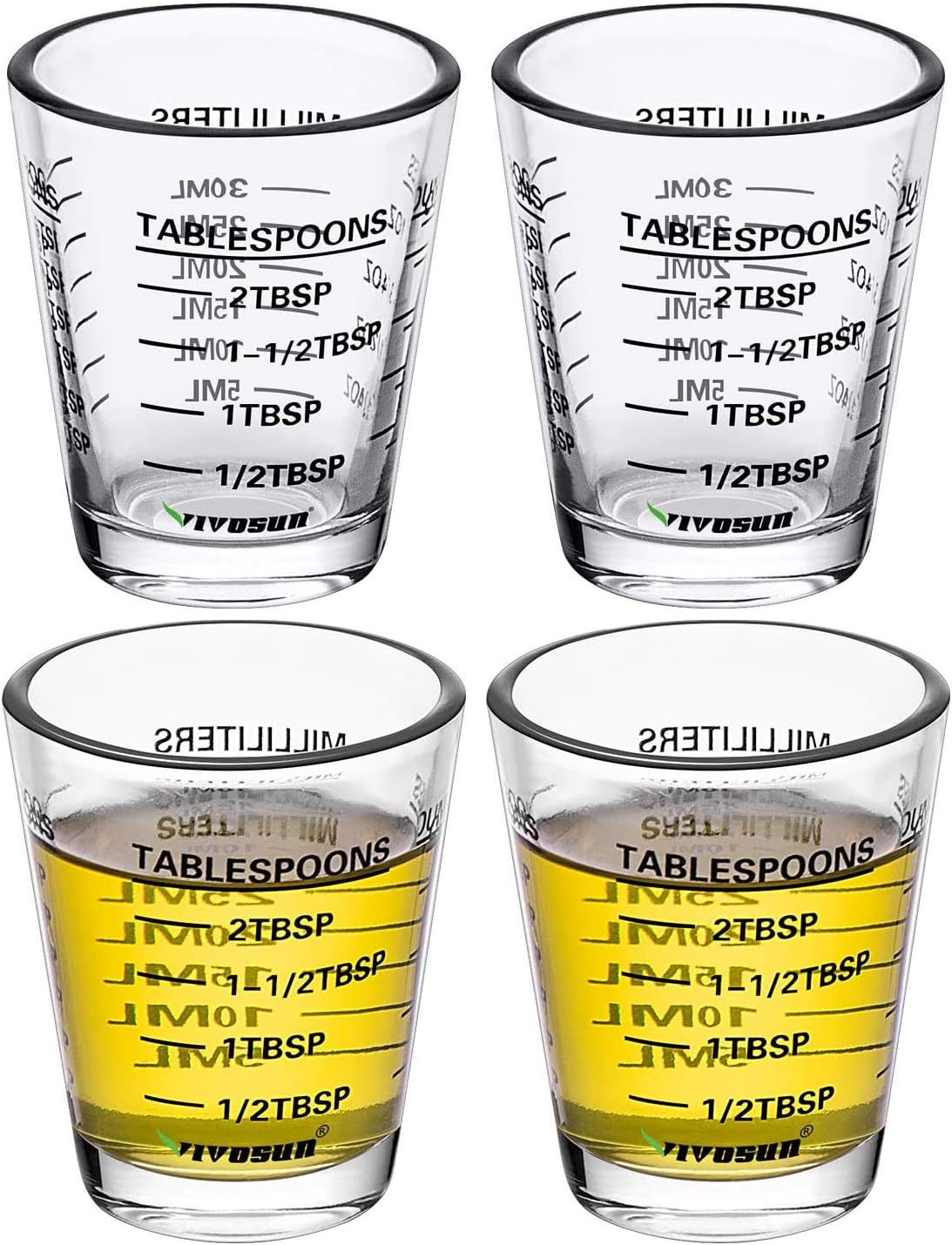VIVOSUN 4 Pack Measuring Cups Liquid Heavy Glasses Wine Glasses 26-Incremental Measurement 1 OZ, 6 TSP, 2 TBSP, 30 ML