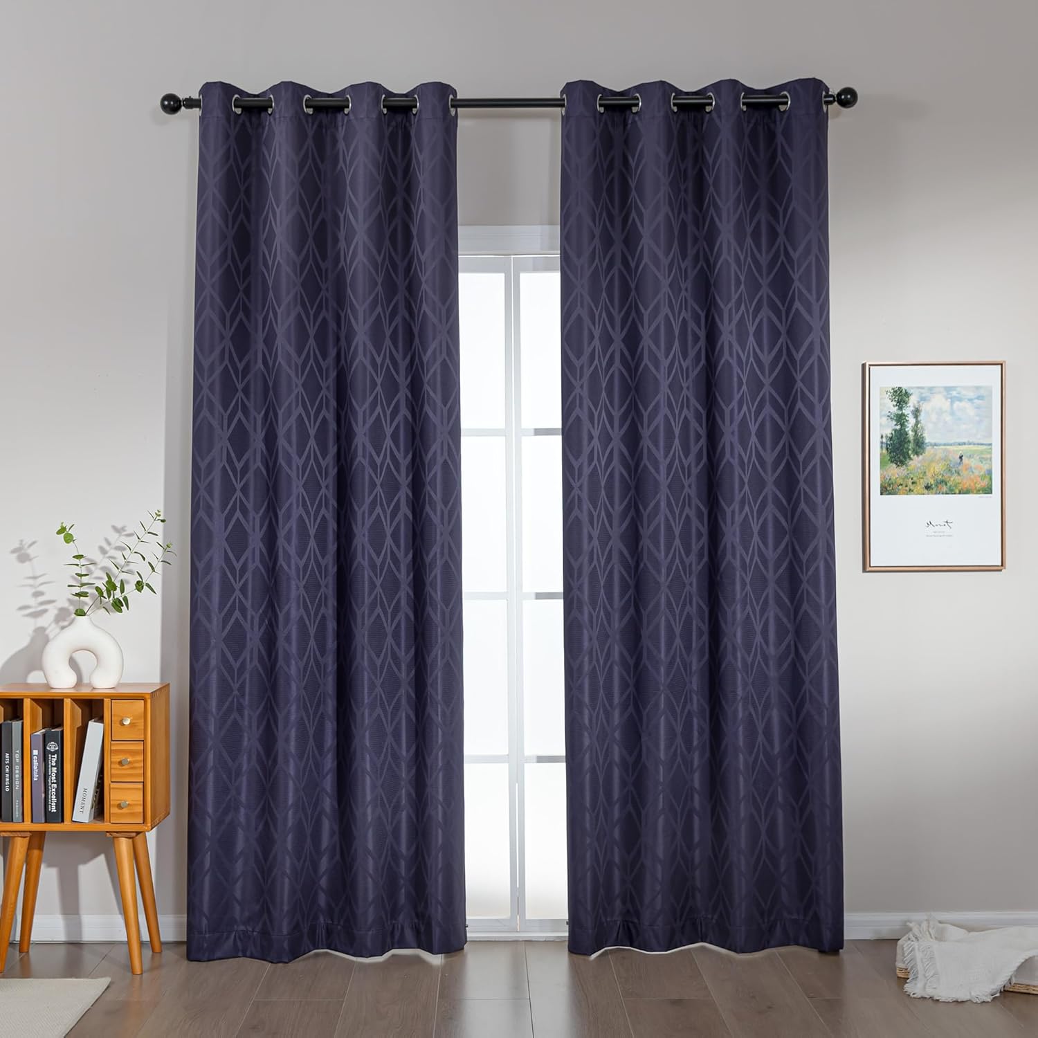 ((Similar color blanco))Amazon Basics Jacquard 2-Piece 100% Blackout Curtains, Living Room and Bedroom Drapes, Thermal Insulated Window Treatment, 42\"x95\", Dark Blue Dark Blue 42\"W x 95\"L (Pack of 2)