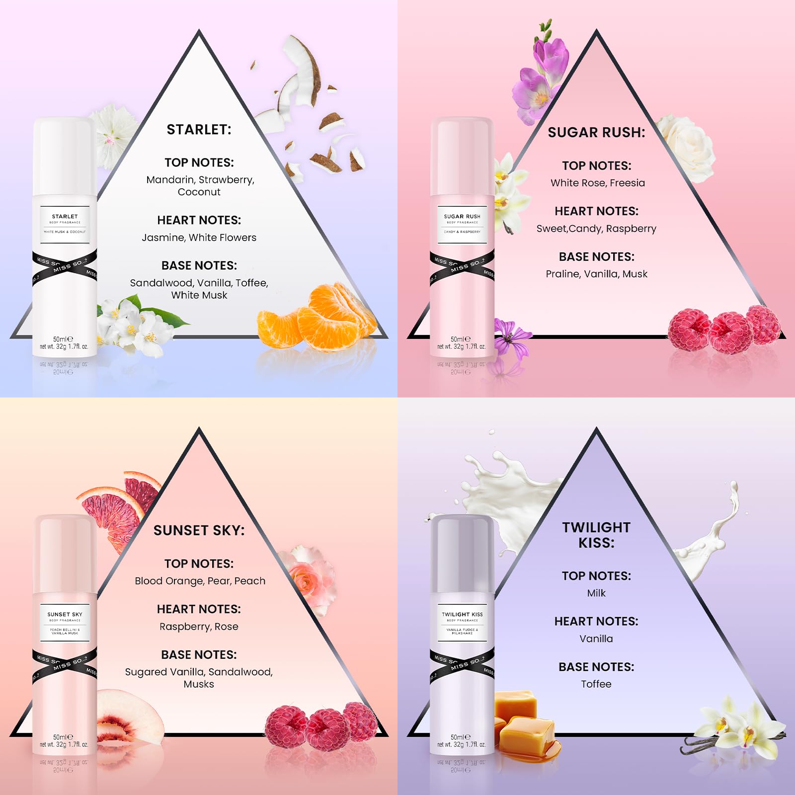 SO…? Damen Galore Body Mist Geschenkset Mixed Bundle Body Mist by So…?, Mädchen Körperspray Geschenkset, Reisegröße Duft (4 x 50 ml) 5 Stück