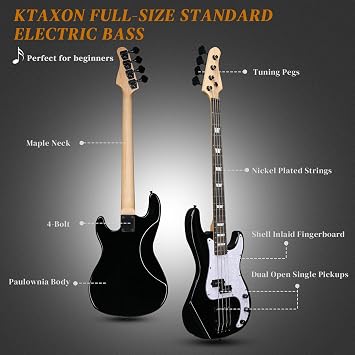 Ktaxon Electric Bass Guitar 4 String PB Style Beginner Kit for Right Handed Standard with 20W AMP Strap for Kids and Adults (Black)