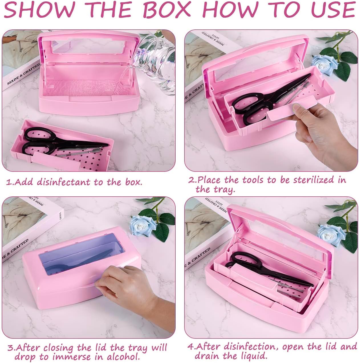 Sanitizing Tray - Disinfectant Container Nail Tool Sterilizer Box Plastic Sanitizing Box for Nail Tools, Hair Salon,Spa (Clear Lid, Pink)