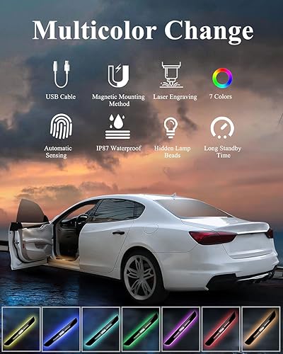 Miniatura 2 de Bloomcar - 4 luces LED para umbral de puerta, luces inalámbricas para puerta de automóvil, umbral de puerta LED Bloomcar con 7 colores de