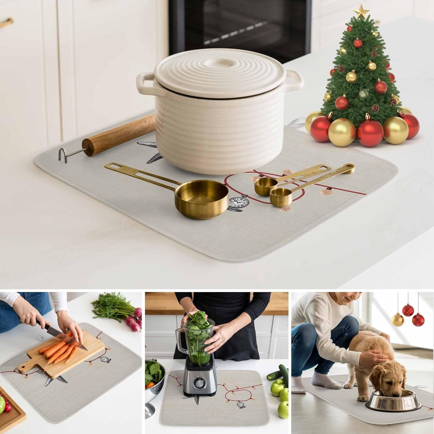 Christmas Star Pocket Watch on Burlap Dish Drying Mats for Kitchen Counter,Absorbent Microfiber Dish Drainer Rack Mat Vintage Light Balls Stripe Drying Pad for Sinks,Utensils,Countertops,18x24in
