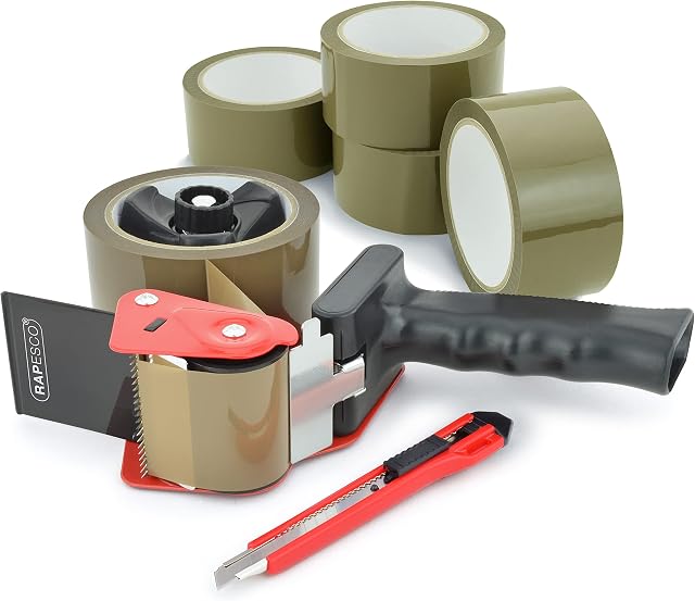 Rapesco 1581 960 Tape Dispenser Gun with 5 Brown Packing Tapes & Cutter