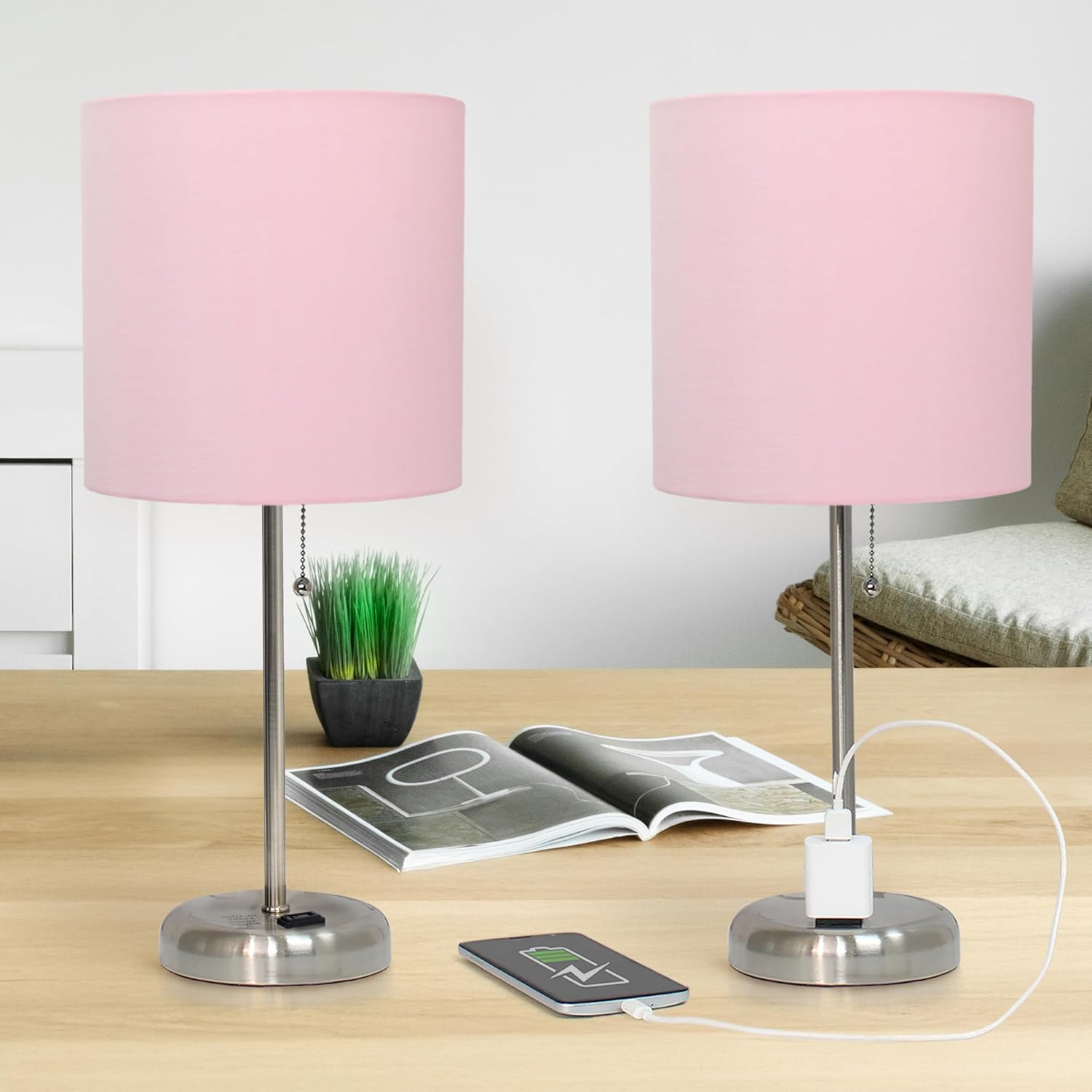 Simple Designs LT1144-LPK-2PK 19.5" 2-Pack Sleek and Slender Brushed Steel Table Lamp with Charging Outlet, for Bedroom, Living Room, Entryway, Office, Dining Room, Study, Light Pink Shades
